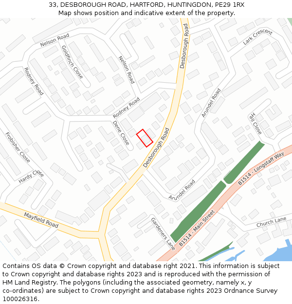 33, DESBOROUGH ROAD, HARTFORD, HUNTINGDON, PE29 1RX: Location map and indicative extent of plot