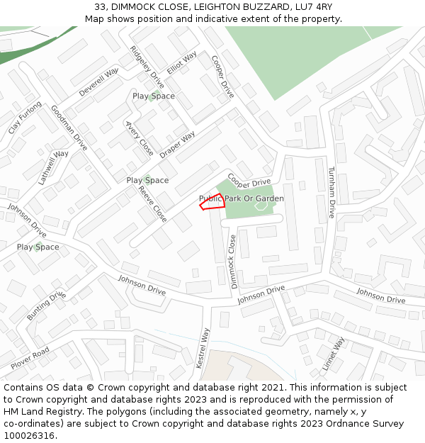 33, DIMMOCK CLOSE, LEIGHTON BUZZARD, LU7 4RY: Location map and indicative extent of plot