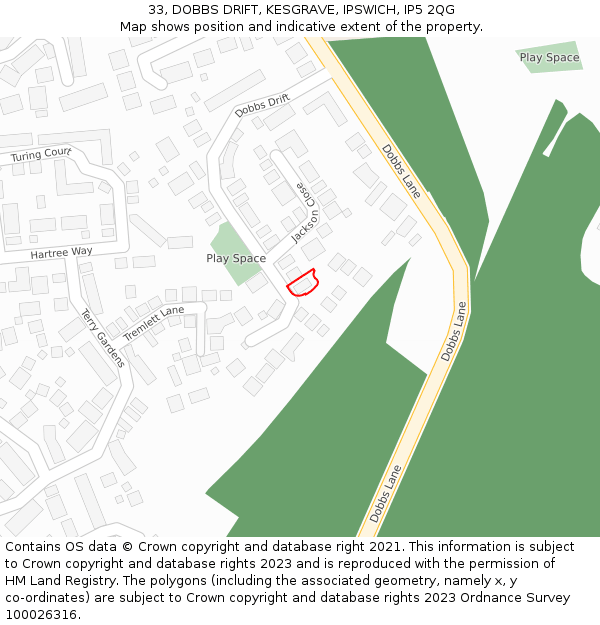 33, DOBBS DRIFT, KESGRAVE, IPSWICH, IP5 2QG: Location map and indicative extent of plot