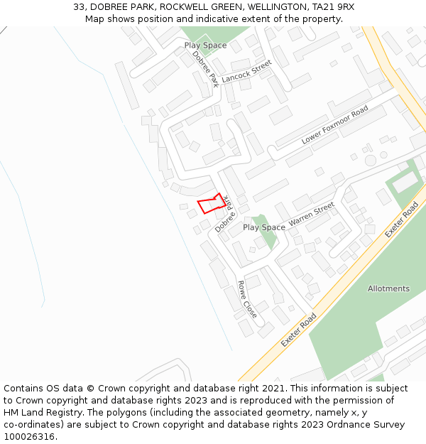 33, DOBREE PARK, ROCKWELL GREEN, WELLINGTON, TA21 9RX: Location map and indicative extent of plot