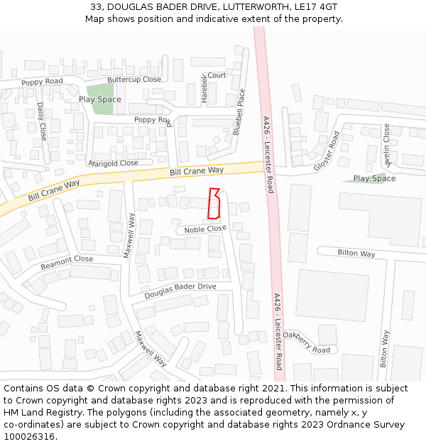 33, DOUGLAS BADER DRIVE, LUTTERWORTH, LE17 4GT: Location map and indicative extent of plot