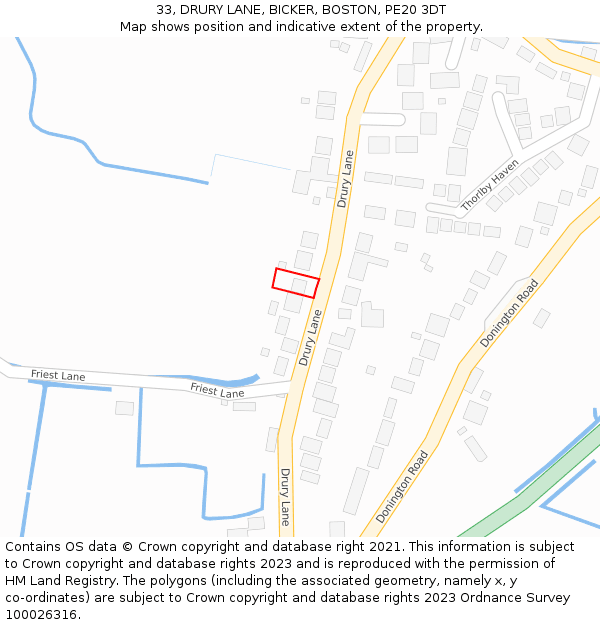 33, DRURY LANE, BICKER, BOSTON, PE20 3DT: Location map and indicative extent of plot