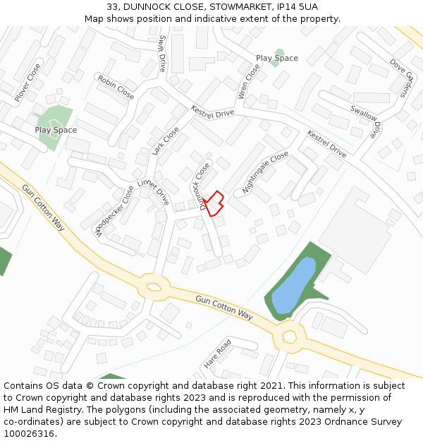 33, DUNNOCK CLOSE, STOWMARKET, IP14 5UA: Location map and indicative extent of plot