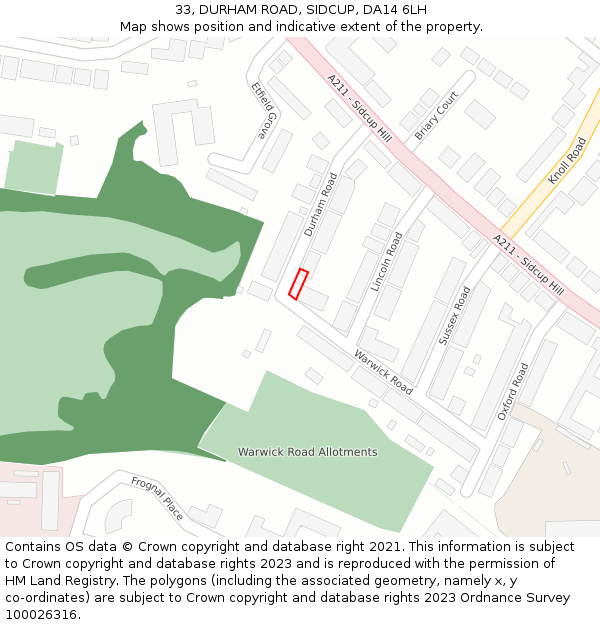 33, DURHAM ROAD, SIDCUP, DA14 6LH: Location map and indicative extent of plot