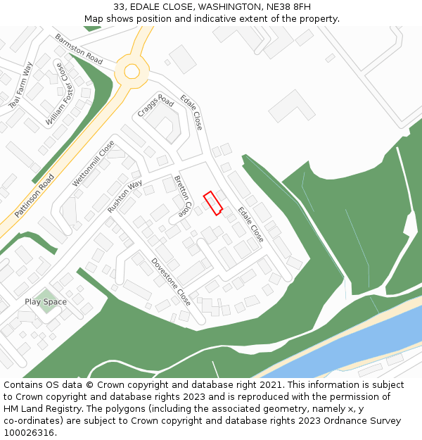 33, EDALE CLOSE, WASHINGTON, NE38 8FH: Location map and indicative extent of plot