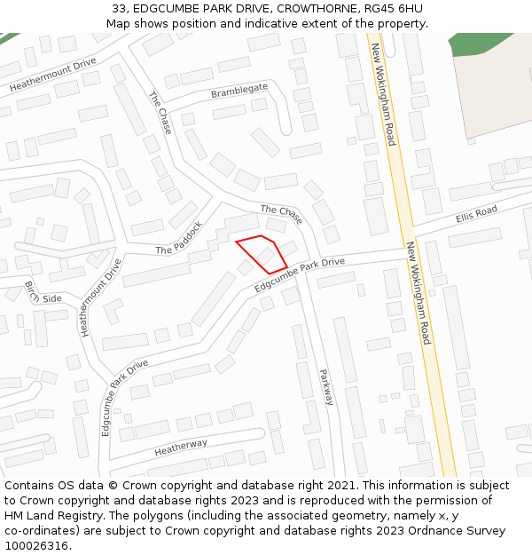 33, EDGCUMBE PARK DRIVE, CROWTHORNE, RG45 6HU: Location map and indicative extent of plot