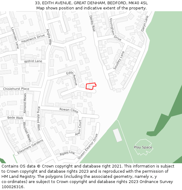 33, EDITH AVENUE, GREAT DENHAM, BEDFORD, MK40 4SL: Location map and indicative extent of plot