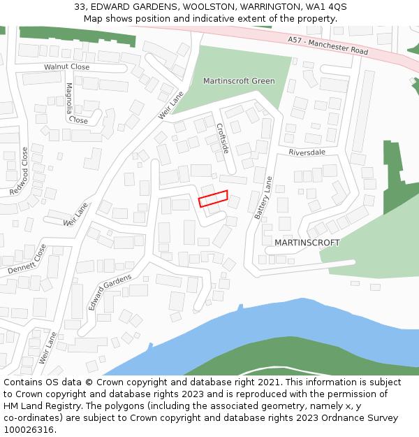 33, EDWARD GARDENS, WOOLSTON, WARRINGTON, WA1 4QS: Location map and indicative extent of plot