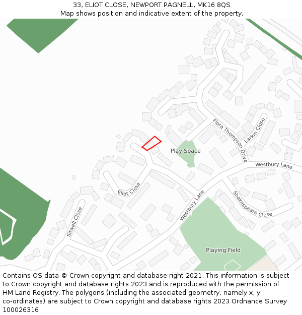 33, ELIOT CLOSE, NEWPORT PAGNELL, MK16 8QS: Location map and indicative extent of plot