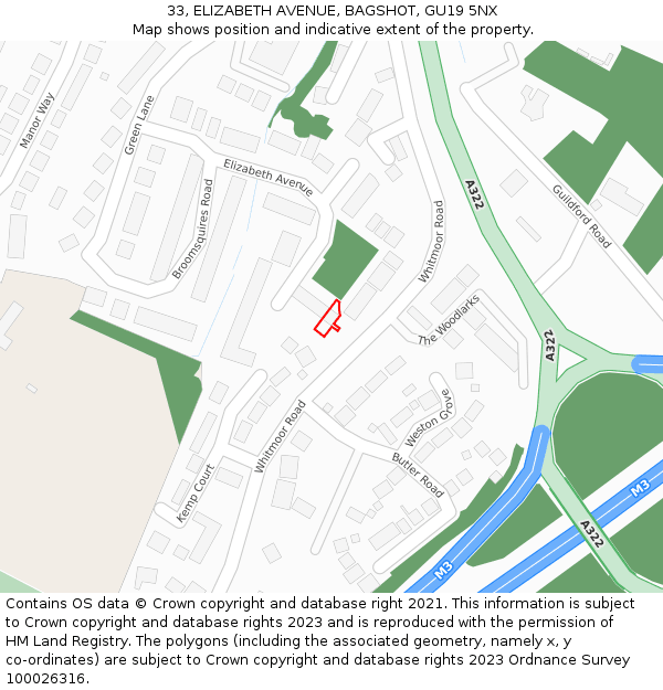 33, ELIZABETH AVENUE, BAGSHOT, GU19 5NX: Location map and indicative extent of plot