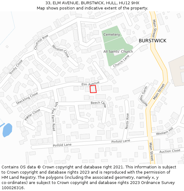 33, ELM AVENUE, BURSTWICK, HULL, HU12 9HX: Location map and indicative extent of plot