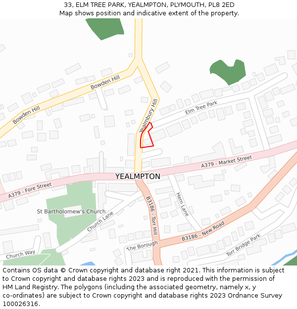 33, ELM TREE PARK, YEALMPTON, PLYMOUTH, PL8 2ED: Location map and indicative extent of plot