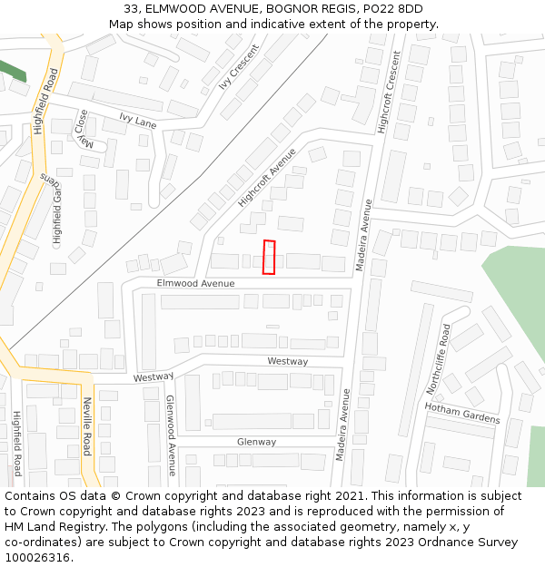 33, ELMWOOD AVENUE, BOGNOR REGIS, PO22 8DD: Location map and indicative extent of plot