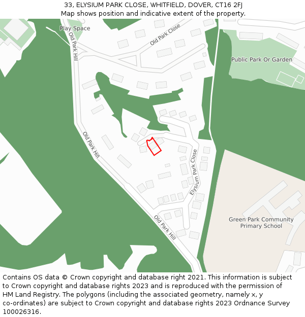 33, ELYSIUM PARK CLOSE, WHITFIELD, DOVER, CT16 2FJ: Location map and indicative extent of plot