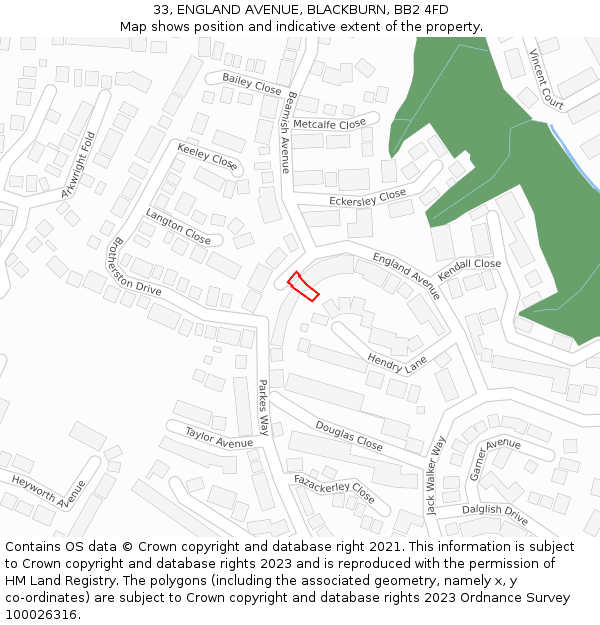 33, ENGLAND AVENUE, BLACKBURN, BB2 4FD: Location map and indicative extent of plot