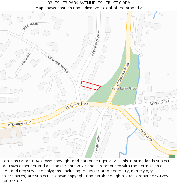 33, ESHER PARK AVENUE, ESHER, KT10 9PA: Location map and indicative extent of plot