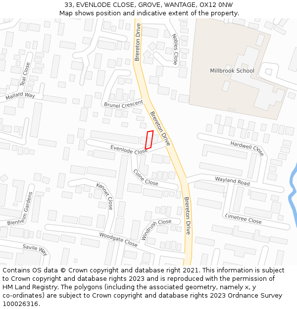 33, EVENLODE CLOSE, GROVE, WANTAGE, OX12 0NW: Location map and indicative extent of plot