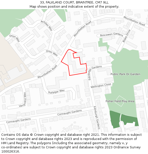 33, FALKLAND COURT, BRAINTREE, CM7 9LL: Location map and indicative extent of plot