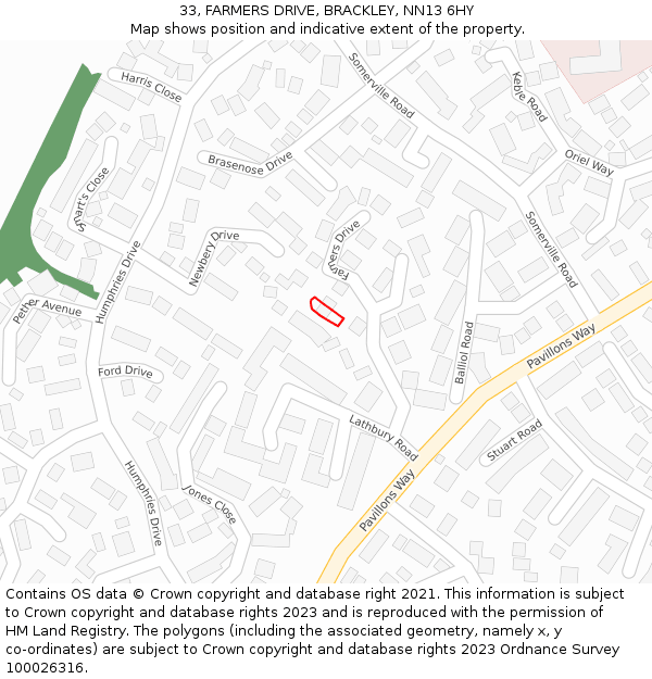 33, FARMERS DRIVE, BRACKLEY, NN13 6HY: Location map and indicative extent of plot