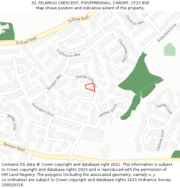 33, FELBRIGG CRESCENT, PONTPRENNAU, CARDIFF, CF23 8SE: Location map and indicative extent of plot