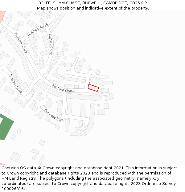 33, FELSHAM CHASE, BURWELL, CAMBRIDGE, CB25 0JP: Location map and indicative extent of plot