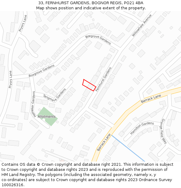 33, FERNHURST GARDENS, BOGNOR REGIS, PO21 4BA: Location map and indicative extent of plot