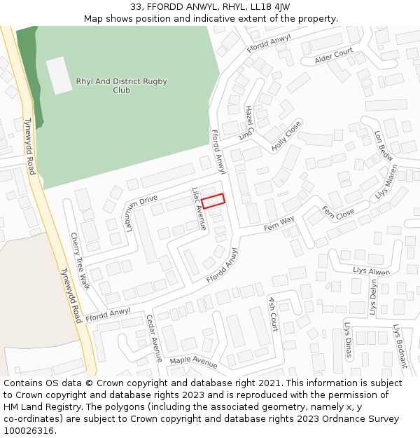 33, FFORDD ANWYL, RHYL, LL18 4JW: Location map and indicative extent of plot