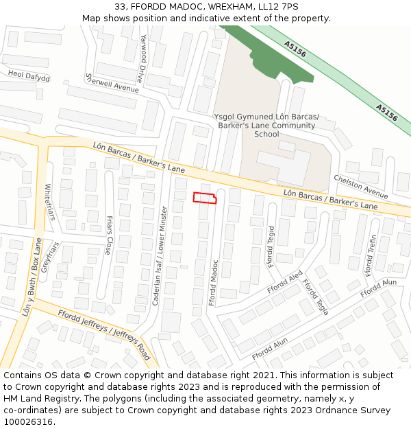33, FFORDD MADOC, WREXHAM, LL12 7PS: Location map and indicative extent of plot
