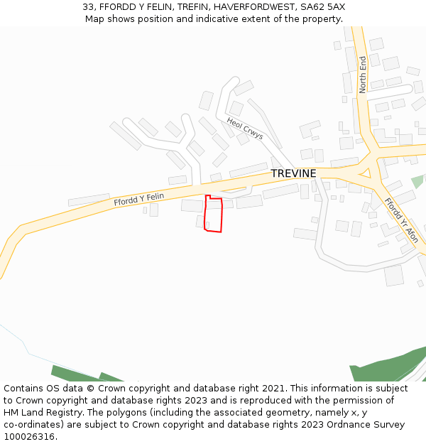 33, FFORDD Y FELIN, TREFIN, HAVERFORDWEST, SA62 5AX: Location map and indicative extent of plot