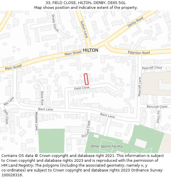 33, FIELD CLOSE, HILTON, DERBY, DE65 5GL: Location map and indicative extent of plot