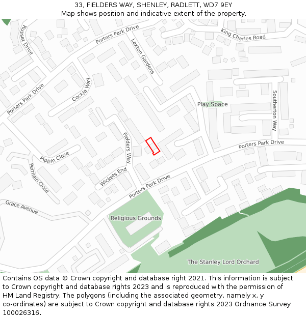 33, FIELDERS WAY, SHENLEY, RADLETT, WD7 9EY: Location map and indicative extent of plot