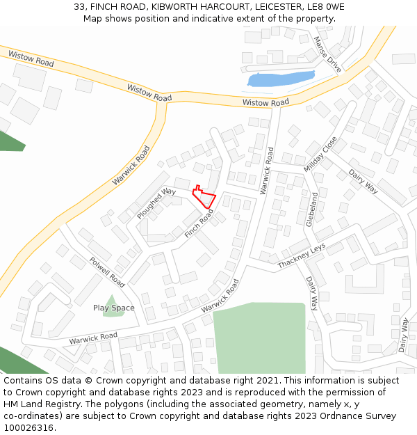 33, FINCH ROAD, KIBWORTH HARCOURT, LEICESTER, LE8 0WE: Location map and indicative extent of plot