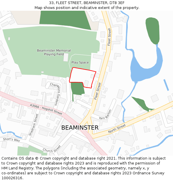 33, FLEET STREET, BEAMINSTER, DT8 3EF: Location map and indicative extent of plot