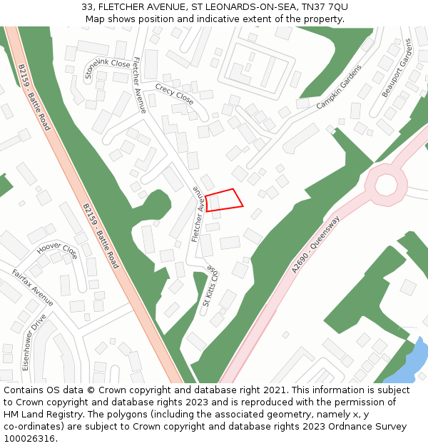 33, FLETCHER AVENUE, ST LEONARDS-ON-SEA, TN37 7QU: Location map and indicative extent of plot