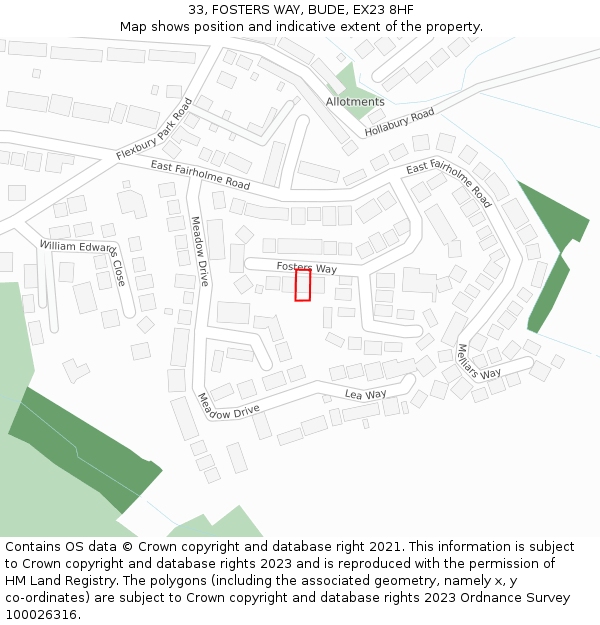 33, FOSTERS WAY, BUDE, EX23 8HF: Location map and indicative extent of plot