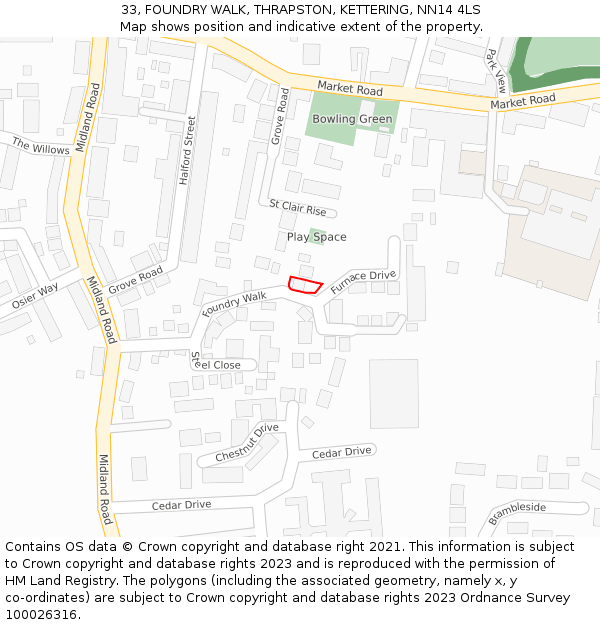 33, FOUNDRY WALK, THRAPSTON, KETTERING, NN14 4LS: Location map and indicative extent of plot