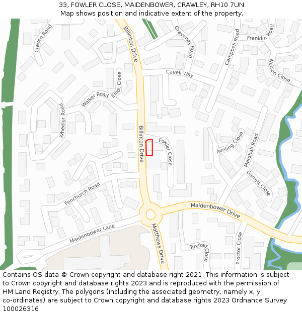 33, FOWLER CLOSE, MAIDENBOWER, CRAWLEY, RH10 7UN: Location map and indicative extent of plot