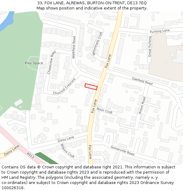 33, FOX LANE, ALREWAS, BURTON-ON-TRENT, DE13 7EQ: Location map and indicative extent of plot