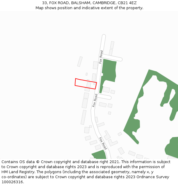 33, FOX ROAD, BALSHAM, CAMBRIDGE, CB21 4EZ: Location map and indicative extent of plot