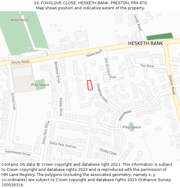 33, FOXGLOVE CLOSE, HESKETH BANK, PRESTON, PR4 6TG: Location map and indicative extent of plot