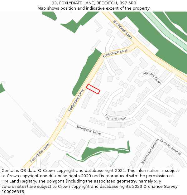 33, FOXLYDIATE LANE, REDDITCH, B97 5PB: Location map and indicative extent of plot