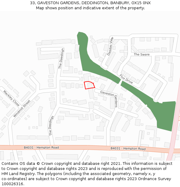 33, GAVESTON GARDENS, DEDDINGTON, BANBURY, OX15 0NX: Location map and indicative extent of plot