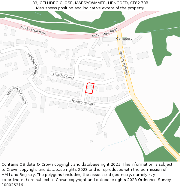 33, GELLIDEG CLOSE, MAESYCWMMER, HENGOED, CF82 7RR: Location map and indicative extent of plot