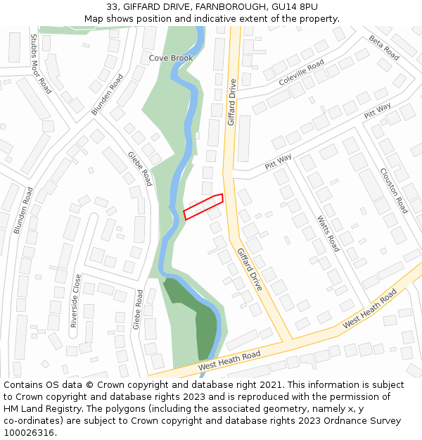 33, GIFFARD DRIVE, FARNBOROUGH, GU14 8PU: Location map and indicative extent of plot