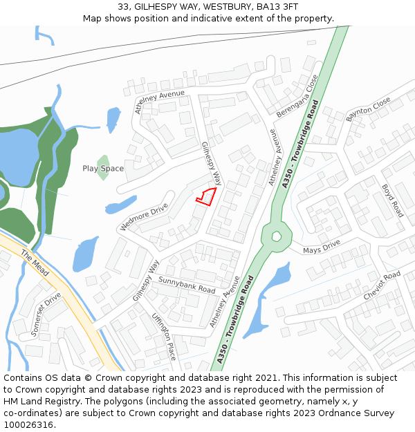 33, GILHESPY WAY, WESTBURY, BA13 3FT: Location map and indicative extent of plot