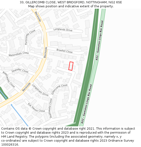 33, GILLERCOMB CLOSE, WEST BRIDGFORD, NOTTINGHAM, NG2 6SE: Location map and indicative extent of plot