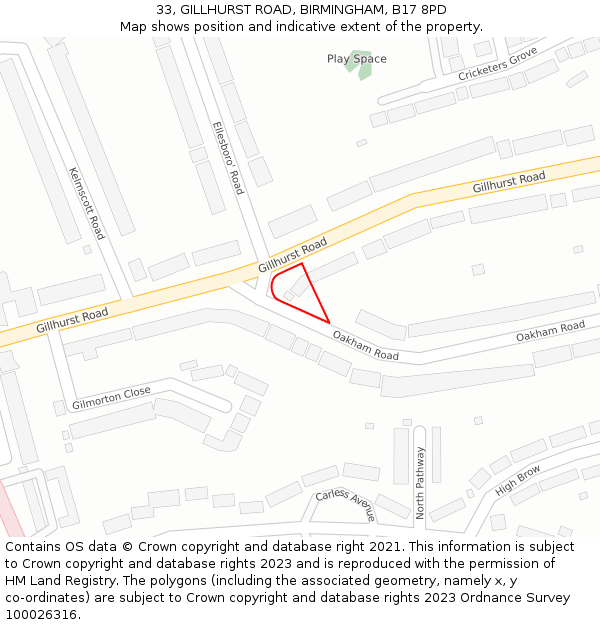 33, GILLHURST ROAD, BIRMINGHAM, B17 8PD: Location map and indicative extent of plot