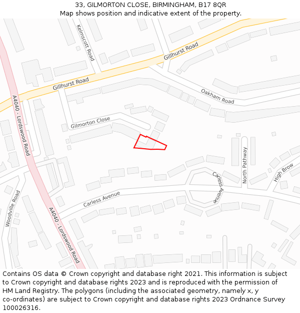 33, GILMORTON CLOSE, BIRMINGHAM, B17 8QR: Location map and indicative extent of plot