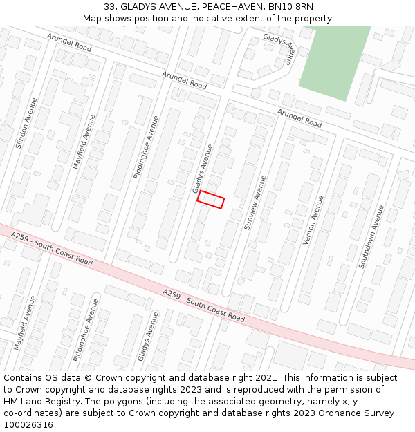 33, GLADYS AVENUE, PEACEHAVEN, BN10 8RN: Location map and indicative extent of plot