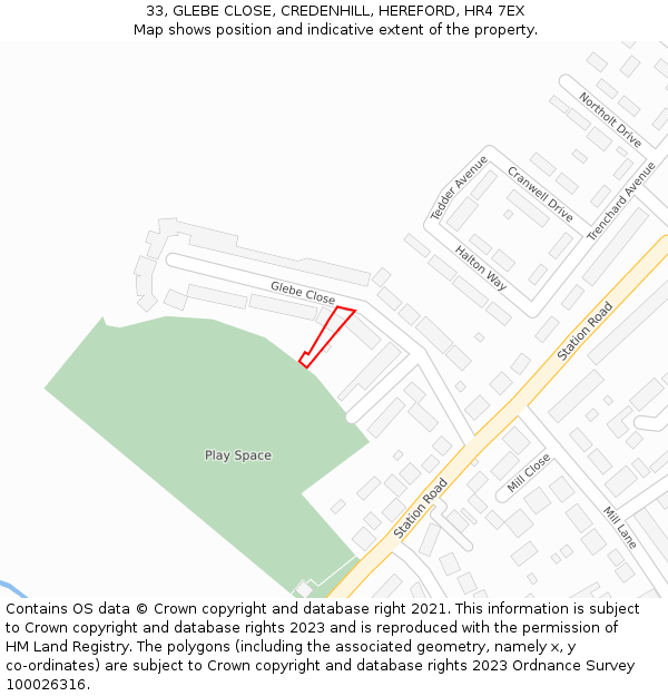 33, GLEBE CLOSE, CREDENHILL, HEREFORD, HR4 7EX: Location map and indicative extent of plot